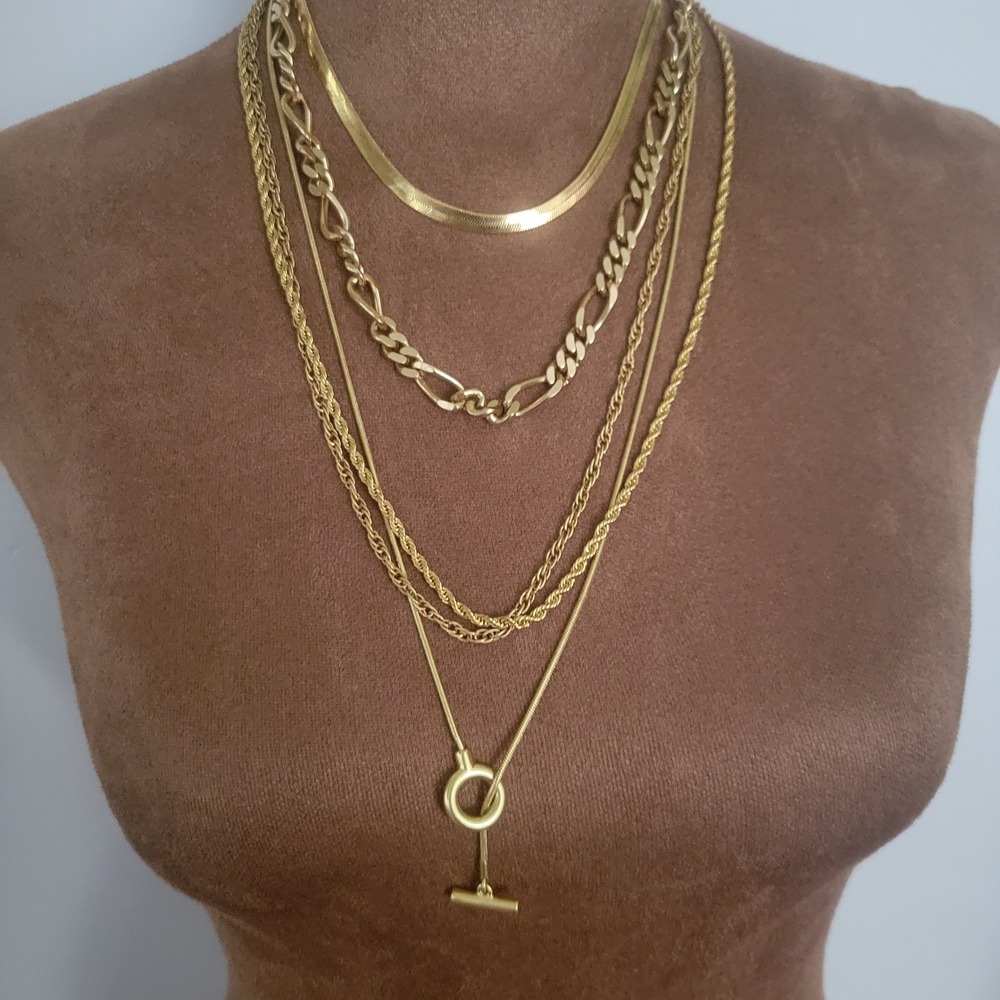 5 Piece Gold Layered Necklace Set Figaro Herringbone Rope Lariat  90s Aesthetic